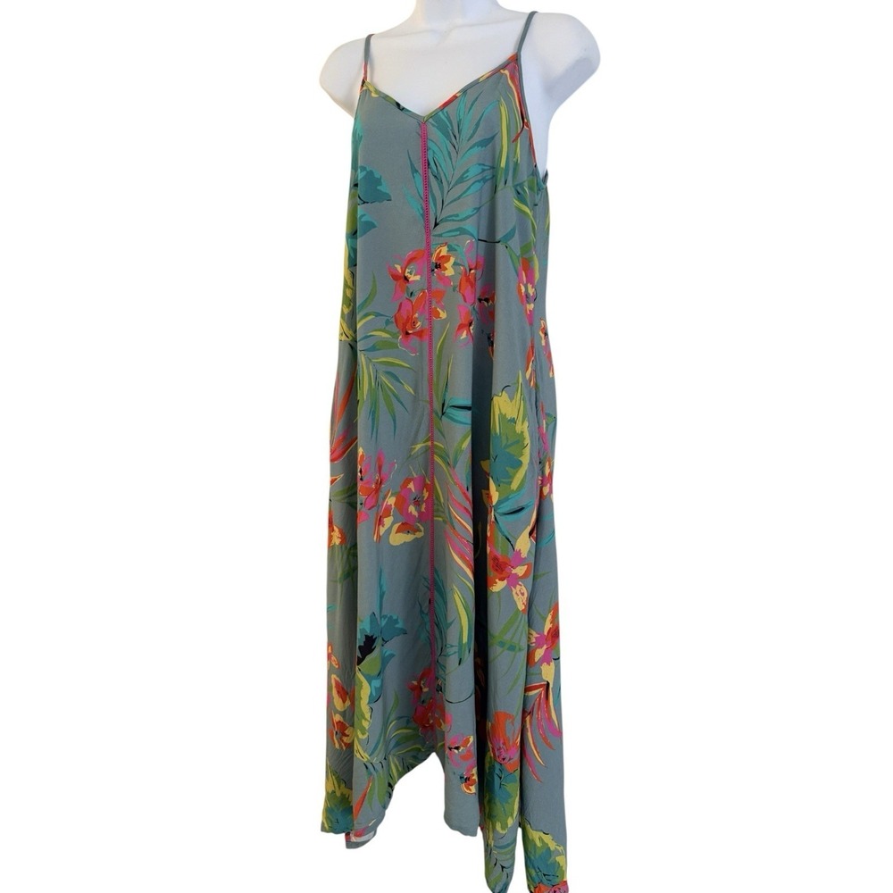 Natural Life Floral Midi Dress XS Scarf Swing Tropical Boho Teal Pink *Read* - Picture 4 of 15